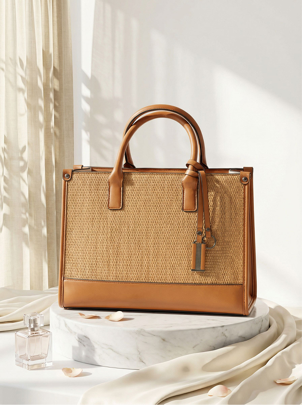 حقيبة يد نسائية بني جلد ومشغولات قش